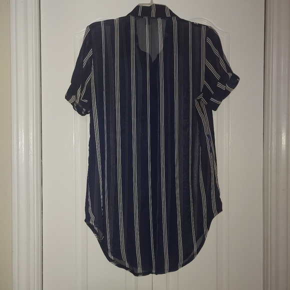Short Sleeve Striped Blouse Shirt Navy Blue White Stripes Cuffed Rolled Up - Picture 2 of 4